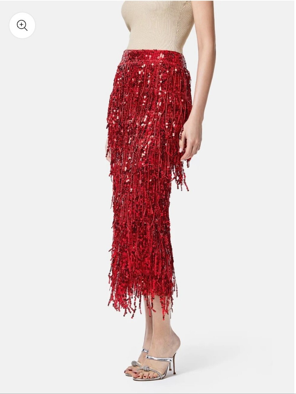 Rich Radi Qs Bright Red Tassel Sequin Midi Skirt Size XS